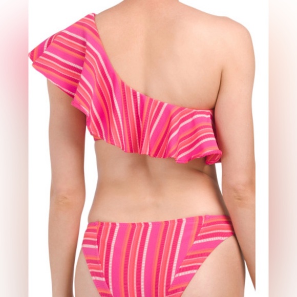 TRINA TURK Marai Ruffle Top & Hipster Bottom Bikini Set / Pink Stripe, Size 10 - Picture 7 of 13